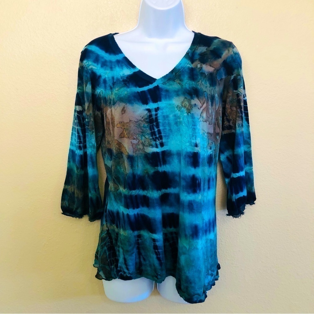 Mezon Woman’s Tie Dyed Burnout Silky Back 3/4 Sleeves Top Size S